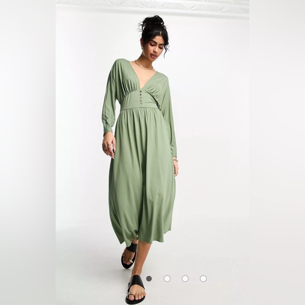 ASOS waist long sleeve button down green midi dress